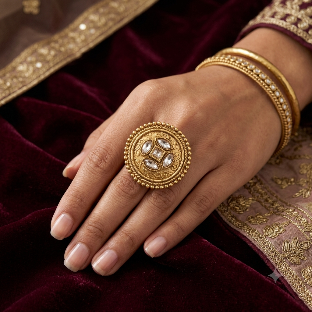 Gold Round Beaded Border Marquise Crystal Statement Ring