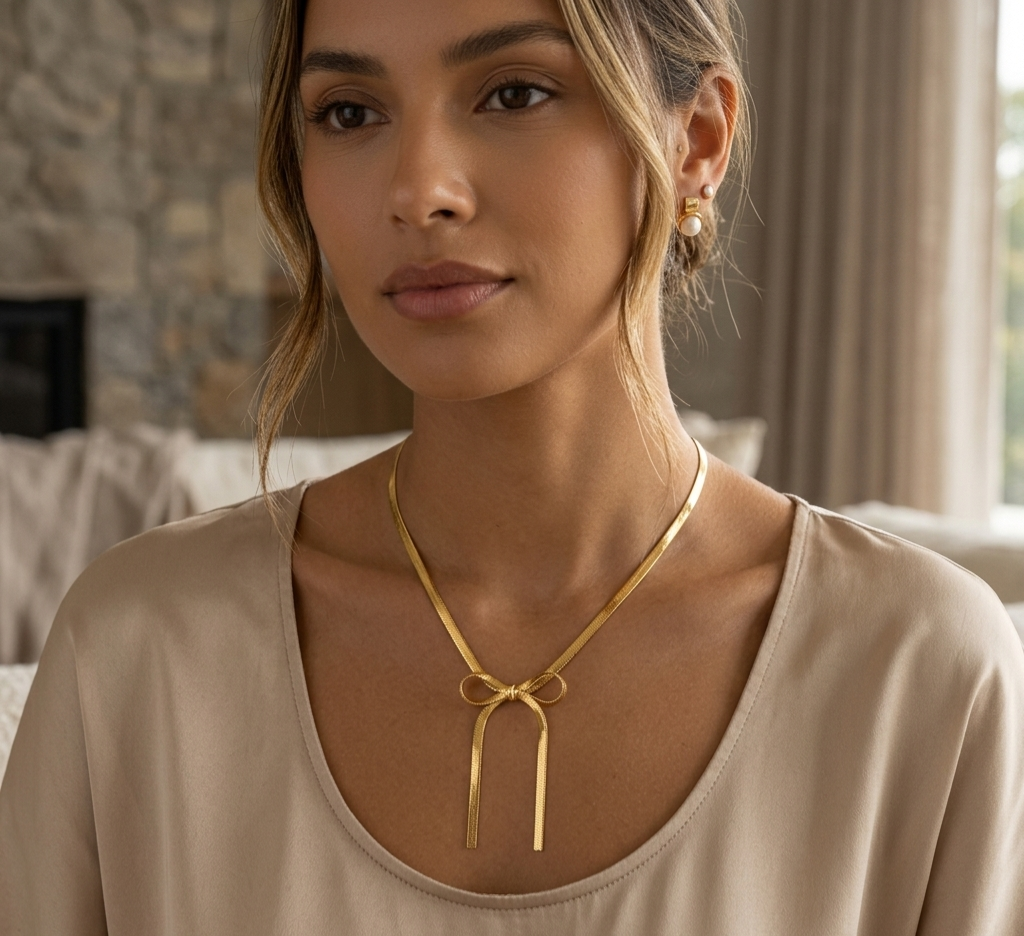 Gold-Plated Herringbone Chain Bow Knot Lariat Necklace
