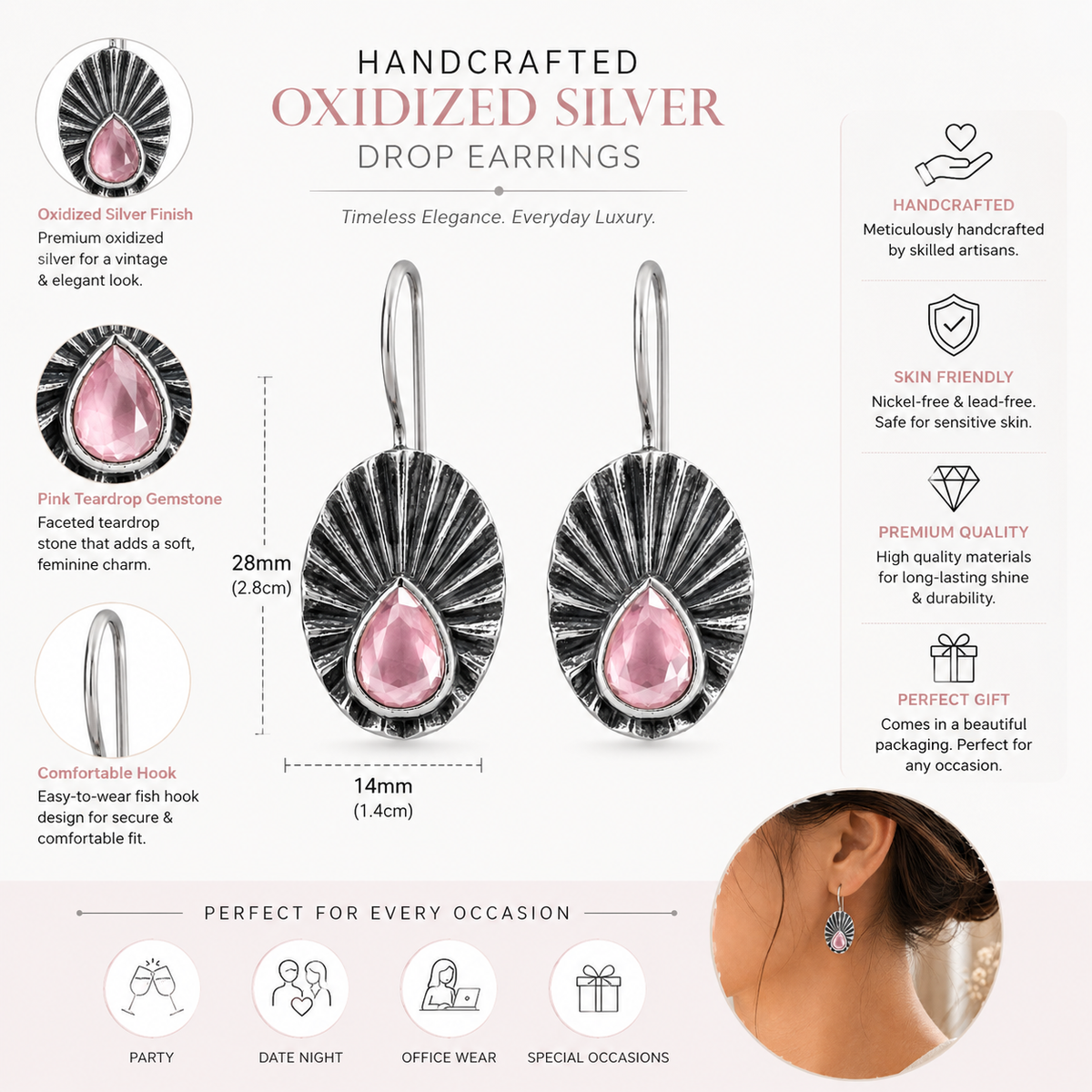Oxidized Silver Sunburst Pink Crystal Drop Earrings