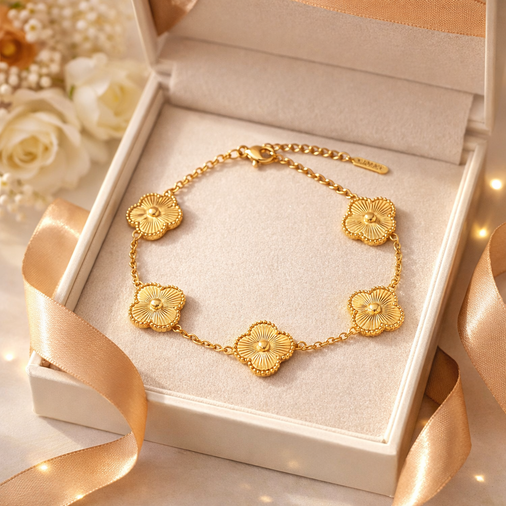 Gold-Plated Stainless Steel Five Clover Charm Bracelet