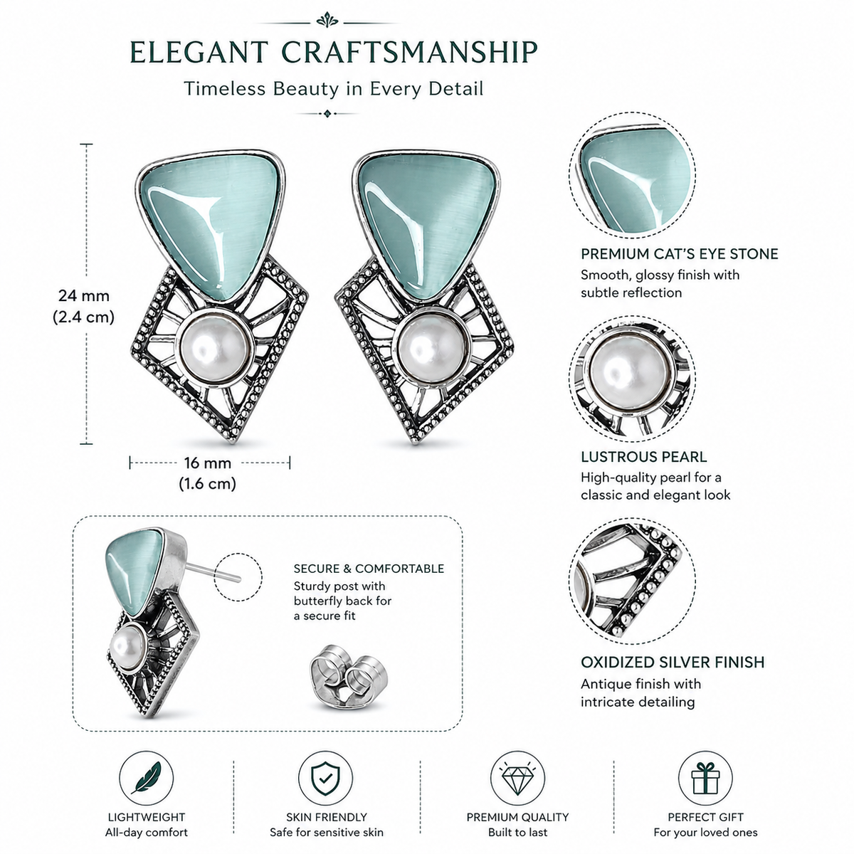 Oxidized Silver Aqua Cat's Eye Stone Pearl Stud Earrings