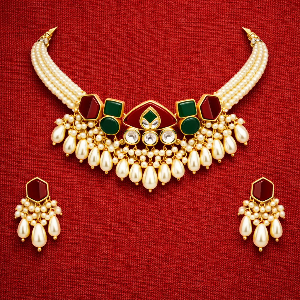 Multi-Strand Pearl Choker Necklace Set with Red & Green Kundan Pendant