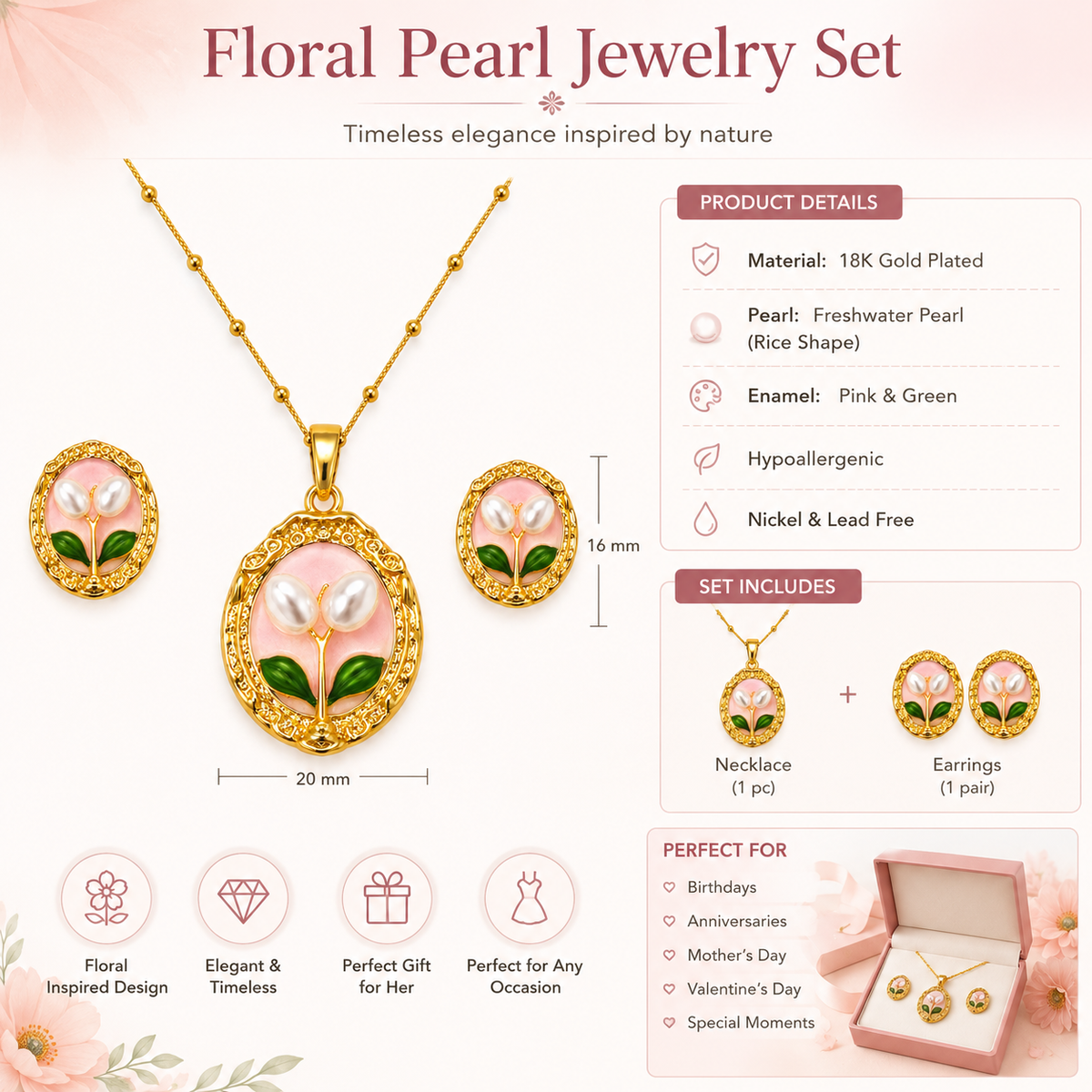 Gold-Plated Pink Enamel Floral Pearl Pendant Necklace & Earrings Set