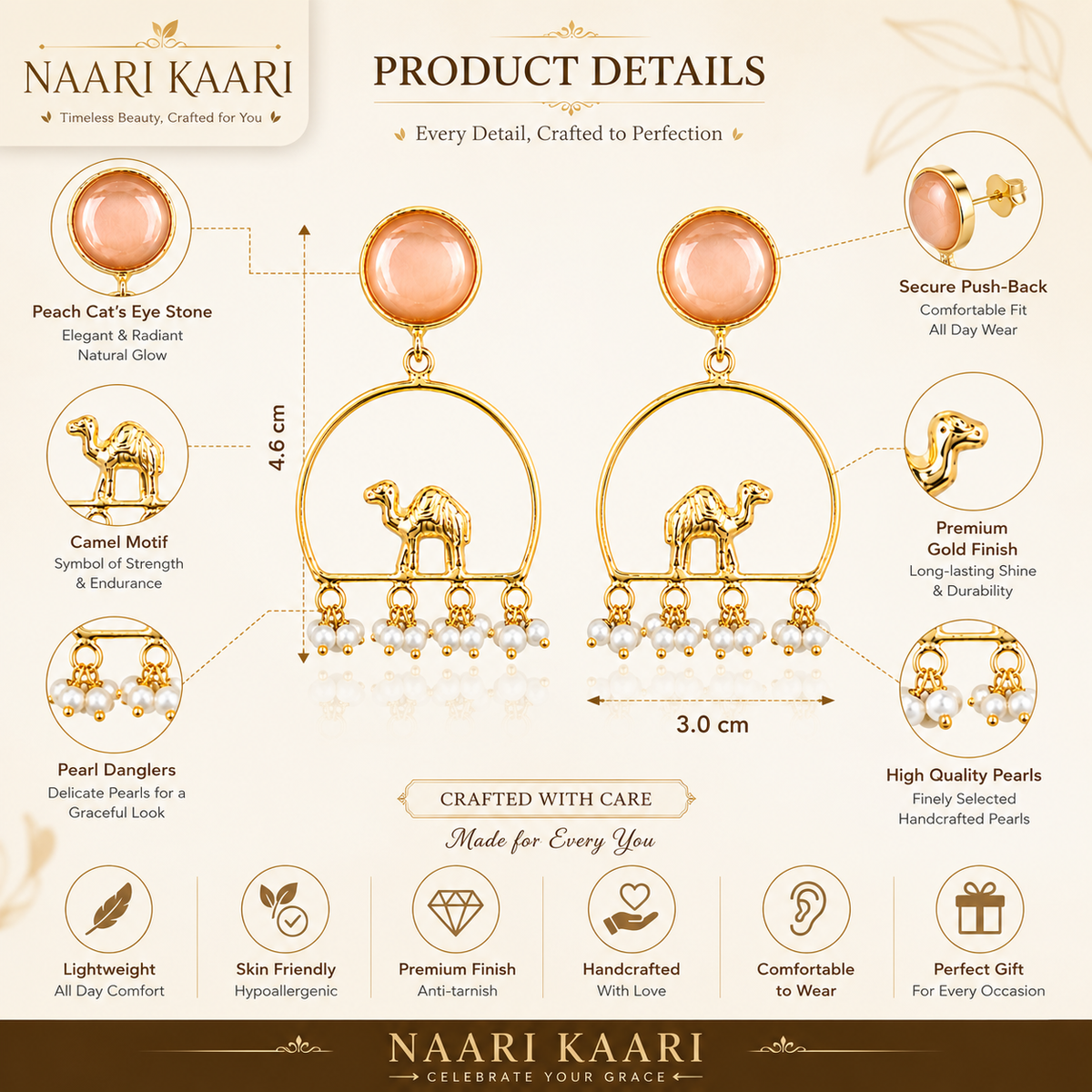 Gold-Plated Camel Chandbali Earrings with Peach Stone & Pearl Tassels