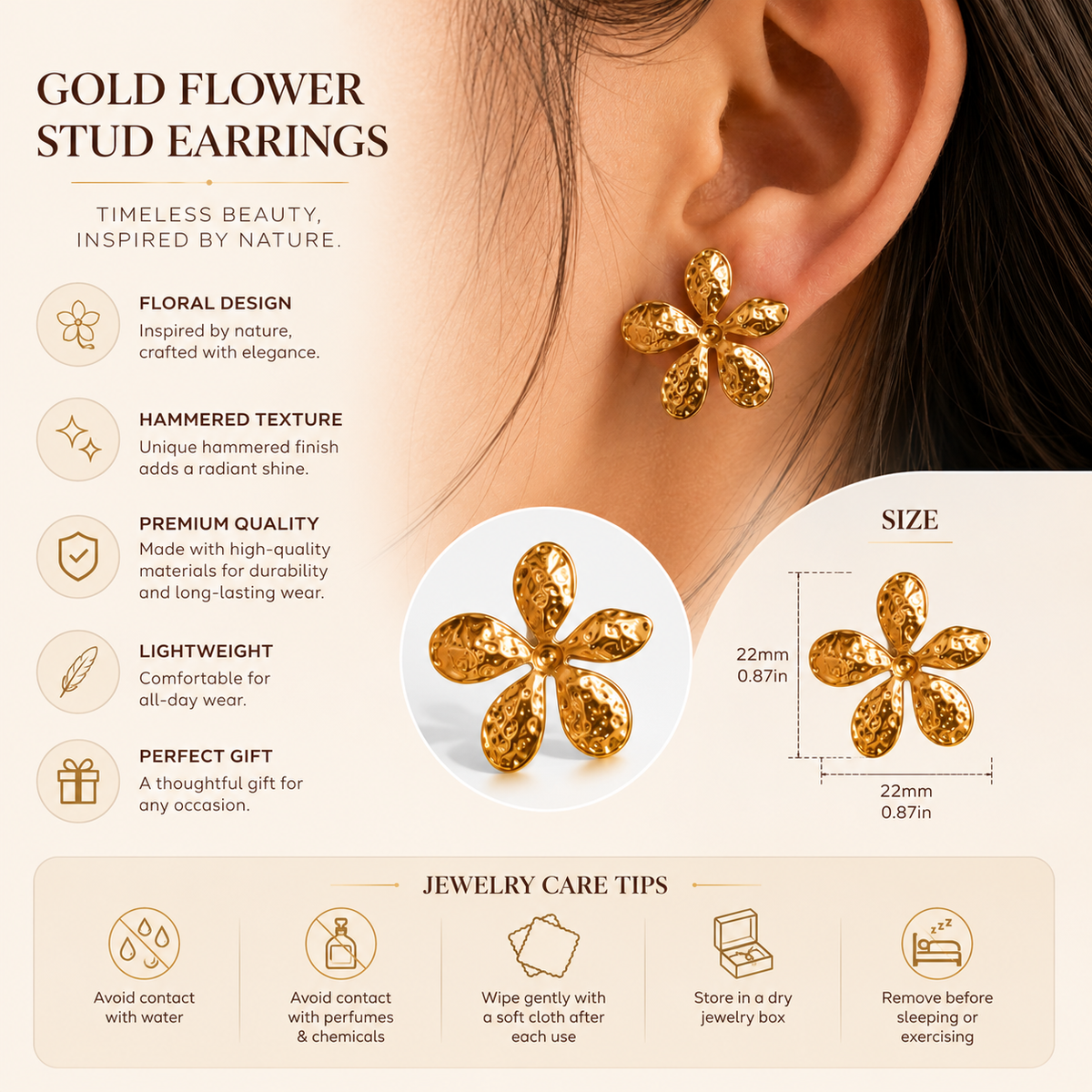 Hammered Gold Flower Statement Stud Earrings