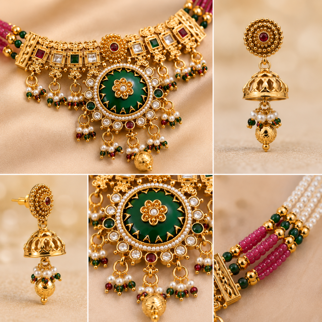 Gold Kundan Temple Jewelry Necklace Set with Jhumka Earrings