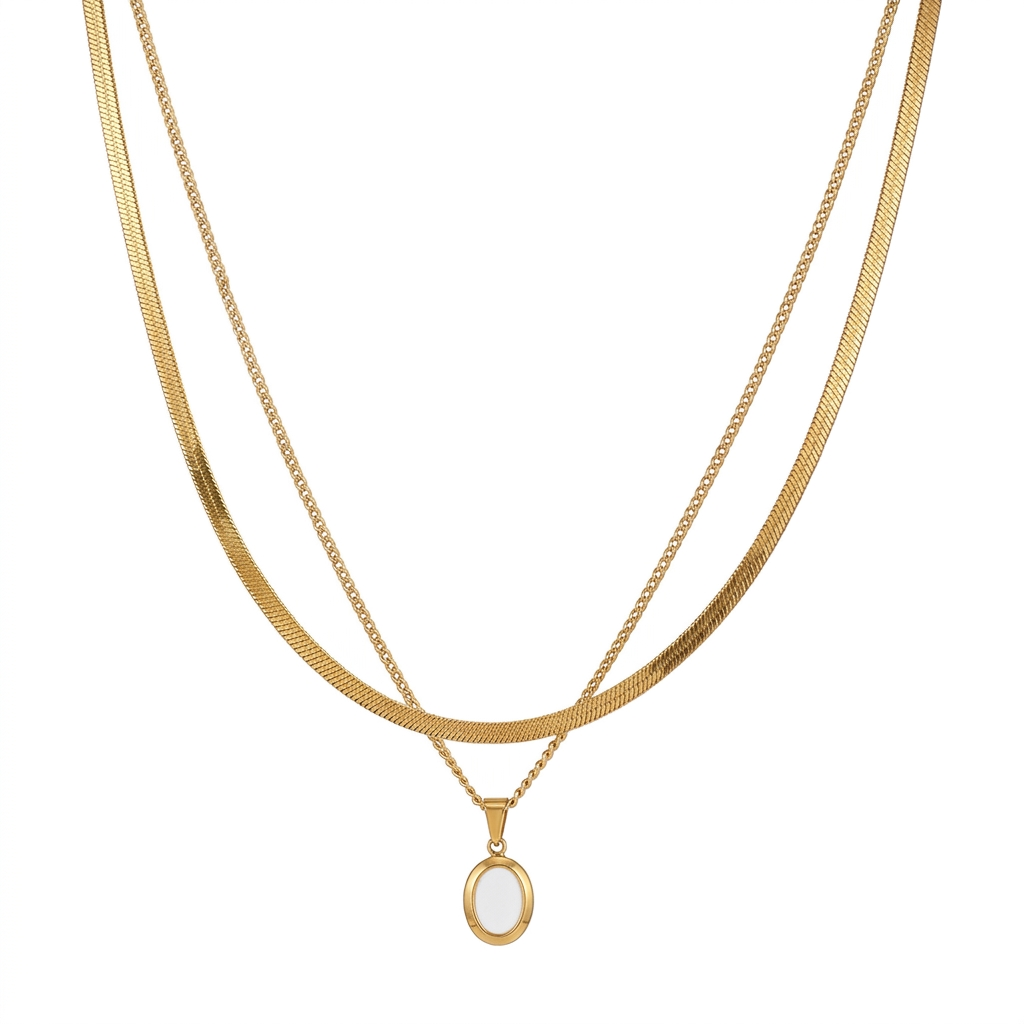Elegant Double Layered Gold Plated Necklace Set with Oval Mother of Pearl Pendant