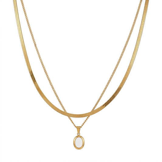 Elegant Double Layered Gold Plated Necklace Set with Oval Mother of Pearl Pendant