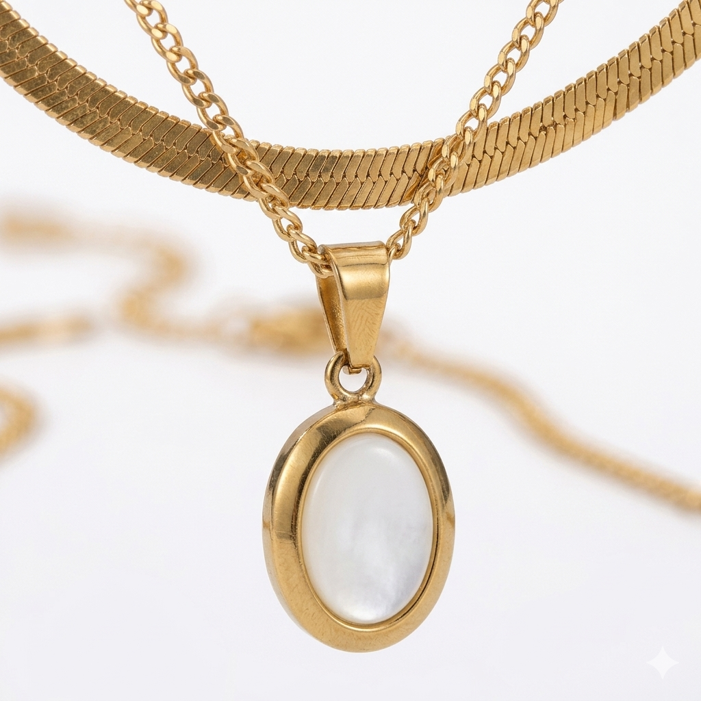 Elegant Double Layered Gold Plated Necklace Set with Oval Mother of Pearl Pendant