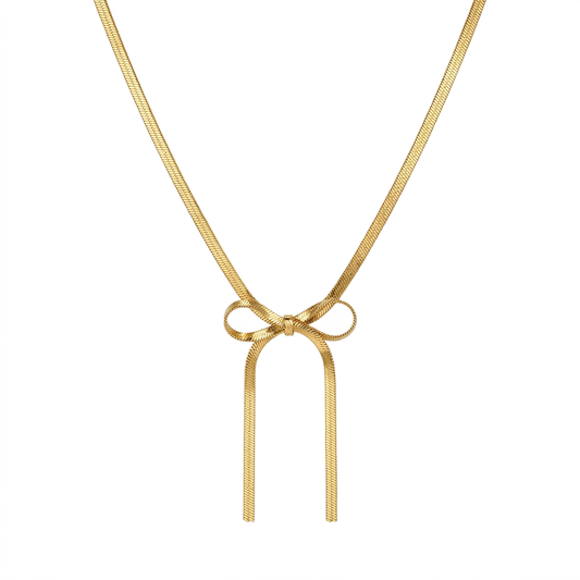 Gold-Plated Herringbone Chain Bow Knot Lariat Necklace