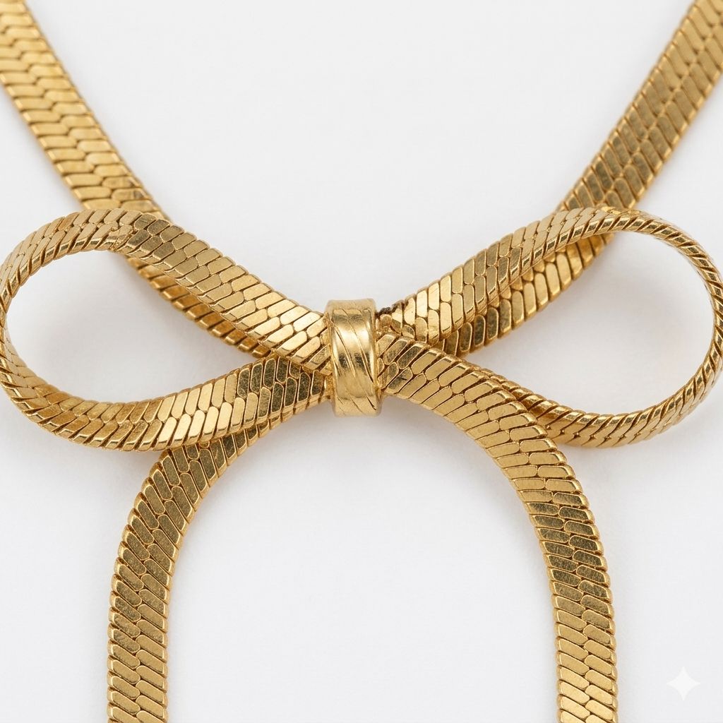 Gold-Plated Herringbone Chain Bow Knot Lariat Necklace