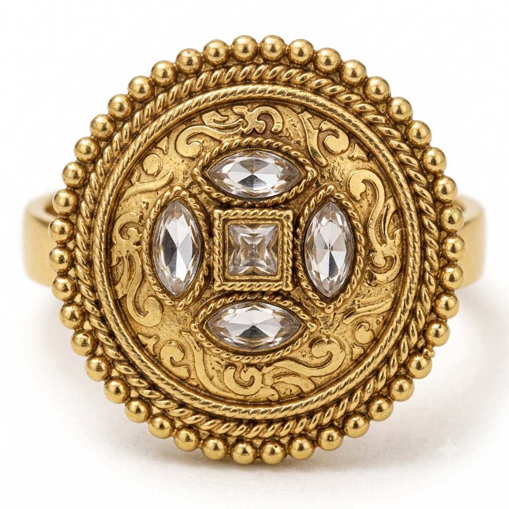 Gold Round Beaded Border Marquise Crystal Statement Ring