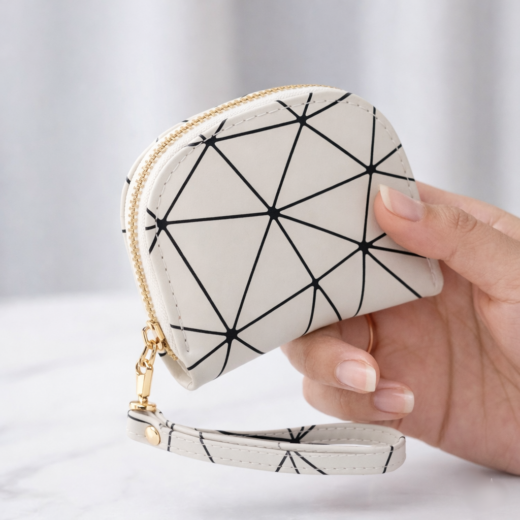 Geometric Print Half-Moon Wristlet Wallet – Minimalist Cream & Black Coin Purse