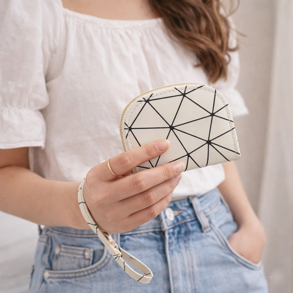 Geometric Print Half-Moon Wristlet Wallet – Minimalist Cream & Black Coin Purse