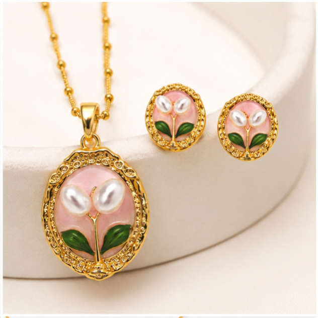 Vintage Enamel Floral Jewelry Set – Gold Plated Necklace and Stud Earrings with Faux Pearls