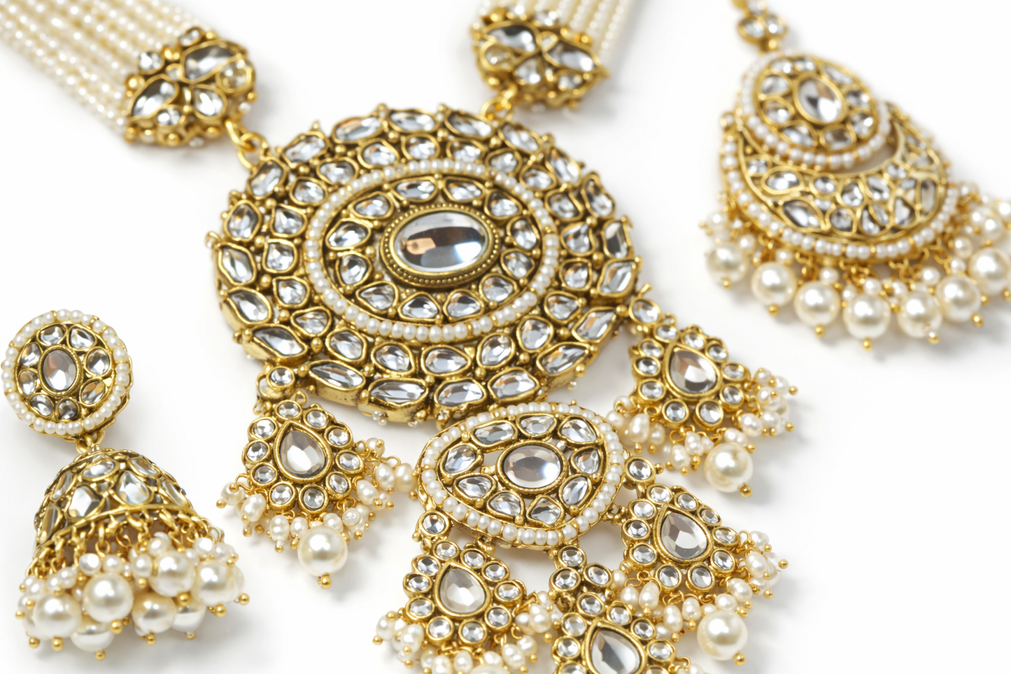 Kundan Pearl Bridal Necklace Set with Maang Tikka & Jhumka Earrings