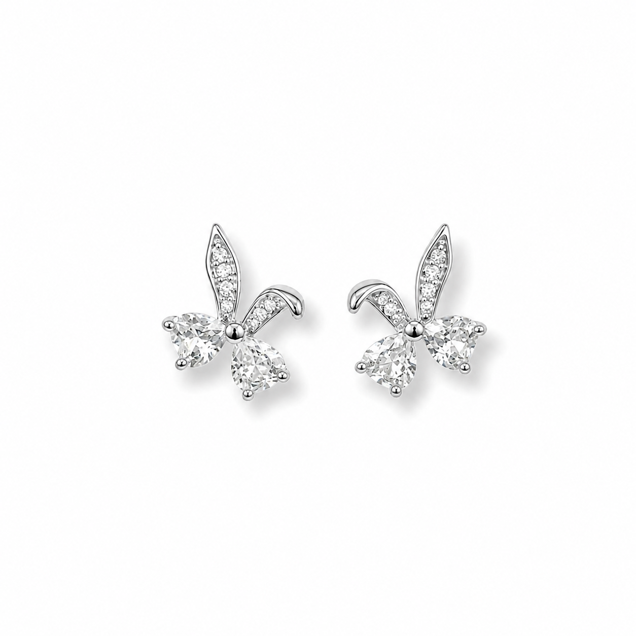 Silver Rhodium-Plated Bunny Bow Crystal Stud Earrings