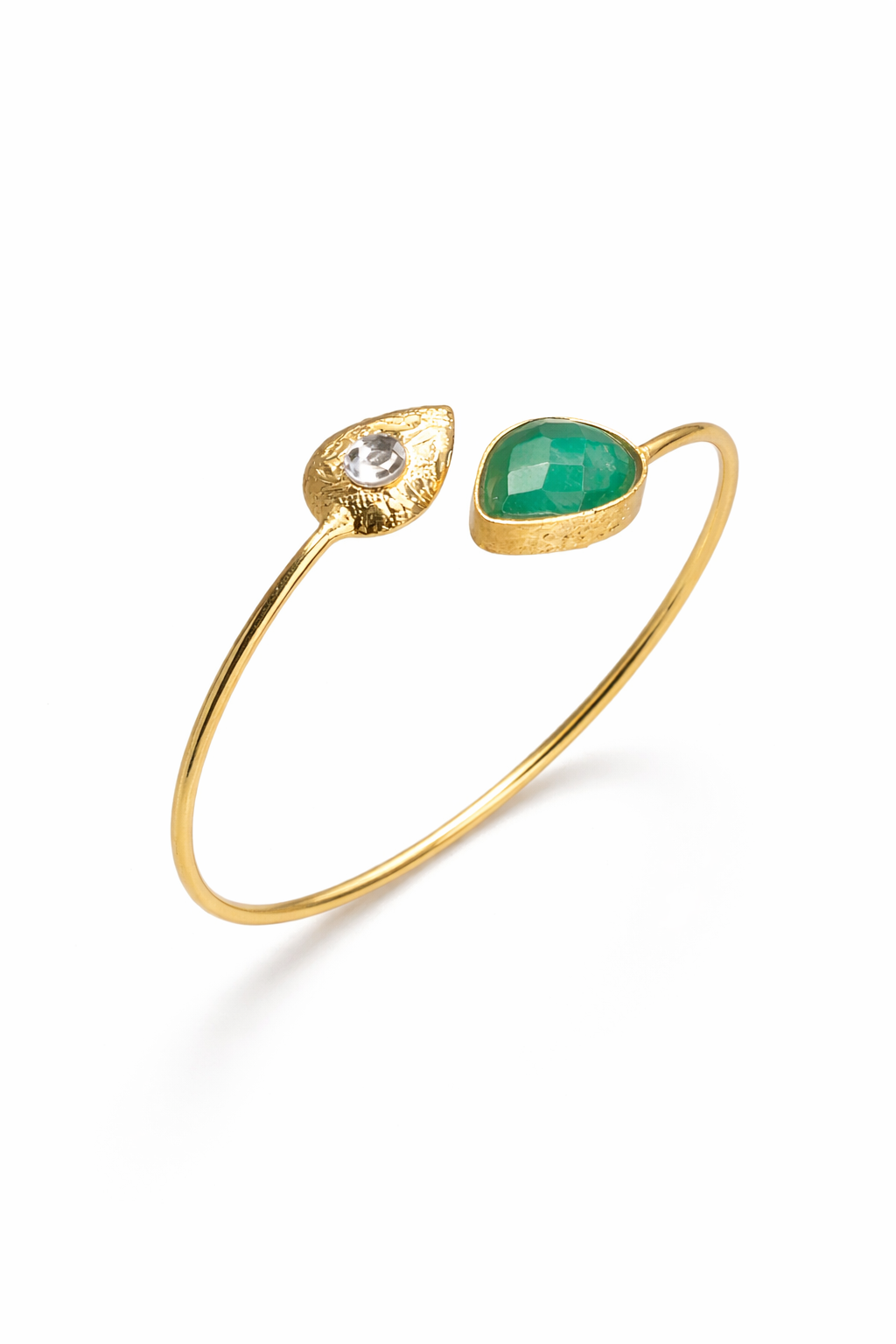 Open Cuff Bangle with Emerald Green & Clear Stone