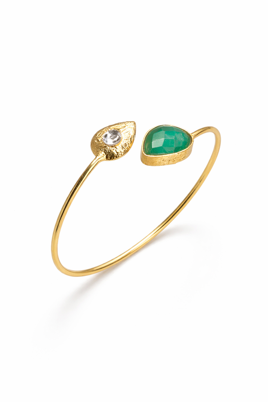 Open Cuff Bangle with Emerald Green & Clear Stone