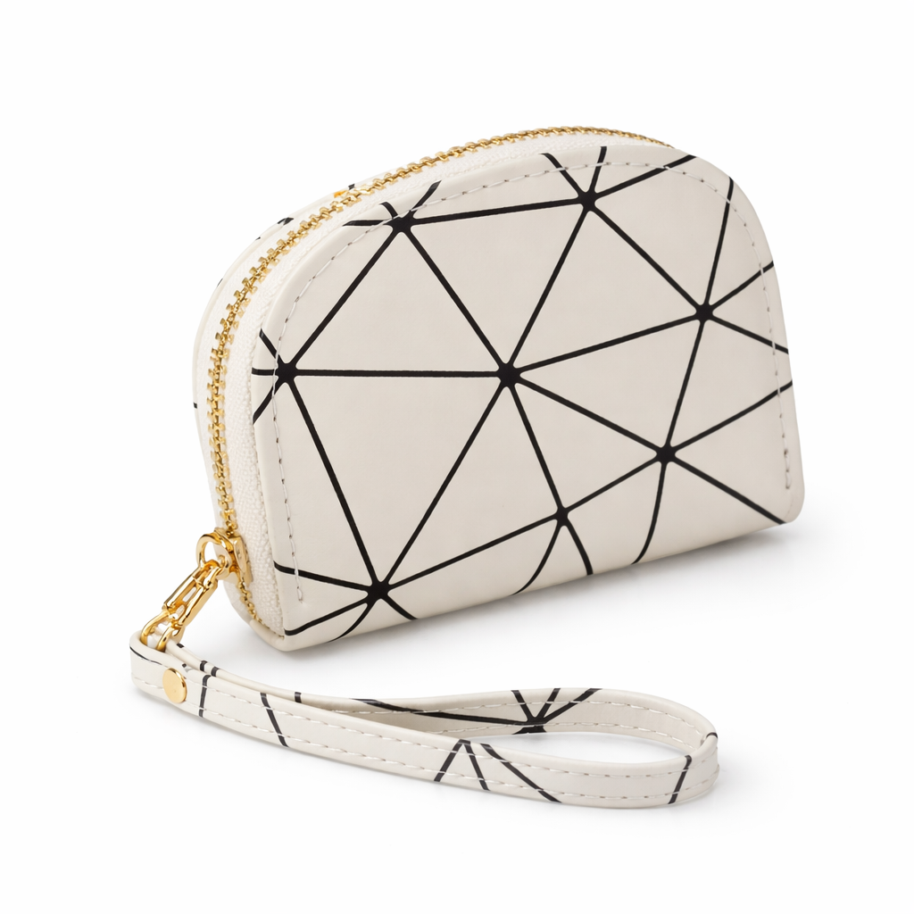 Geometric Print Half-Moon Wristlet Wallet – Minimalist Cream & Black Coin Purse