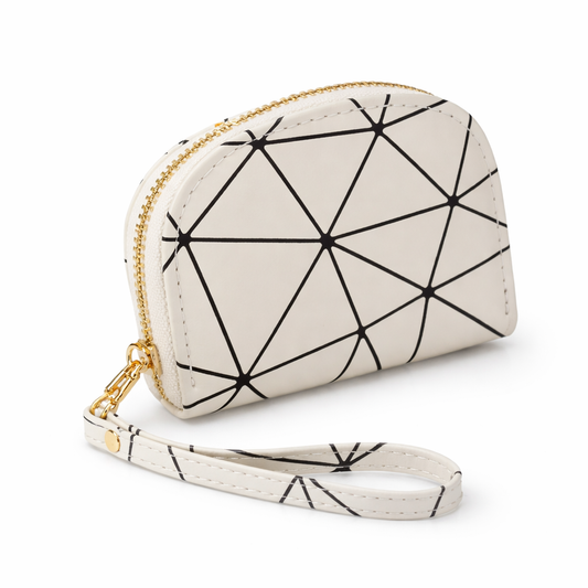 Geometric Print Half-Moon Wristlet Wallet – Minimalist Cream & Black Coin Purse