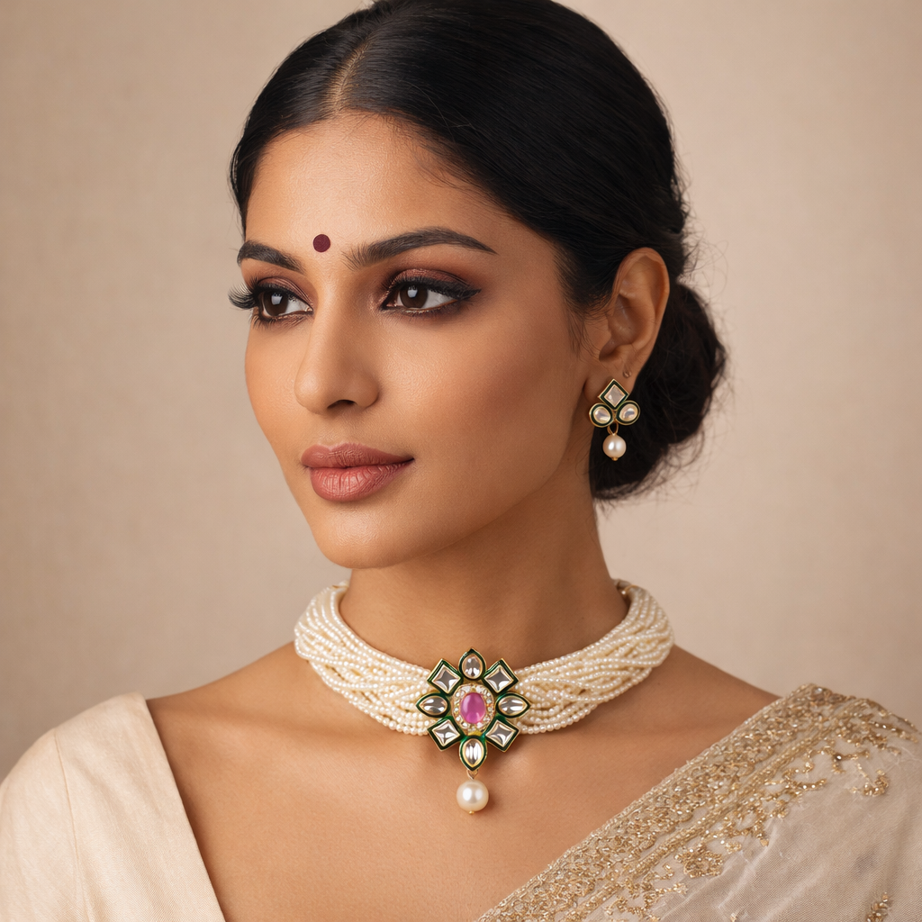 Multi-Strand Pearl Choker Necklace Set with Green Meenakari Flower Pendant