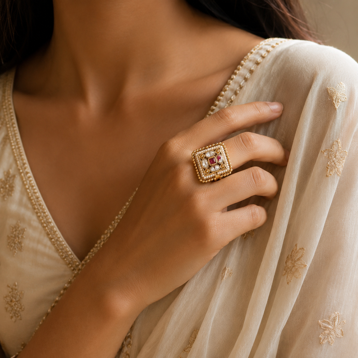 Gold Square Pearl Border Ruby & Crystal Ring