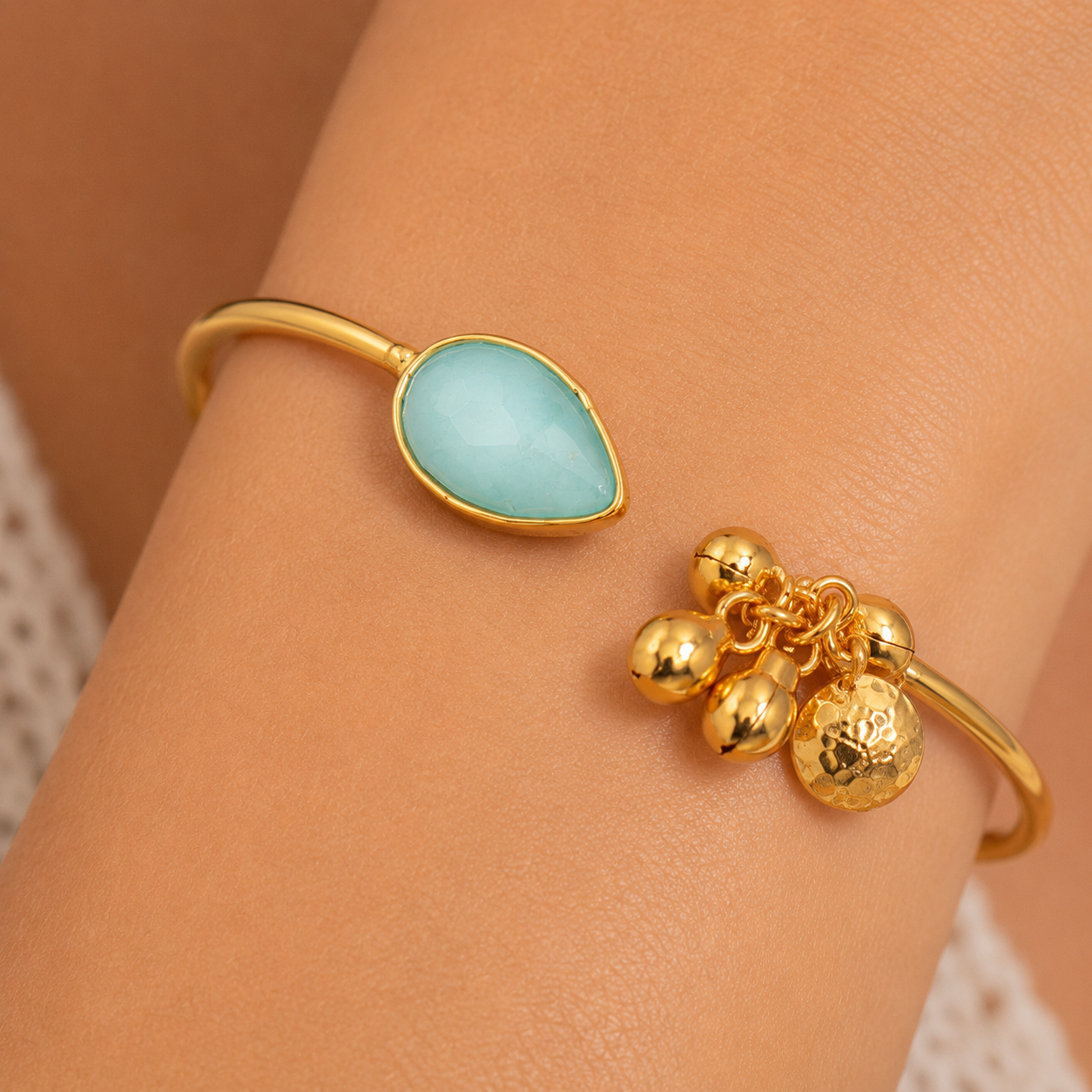 Gold Open Cuff Bracelet with Aqua Stone & Charm Tassels