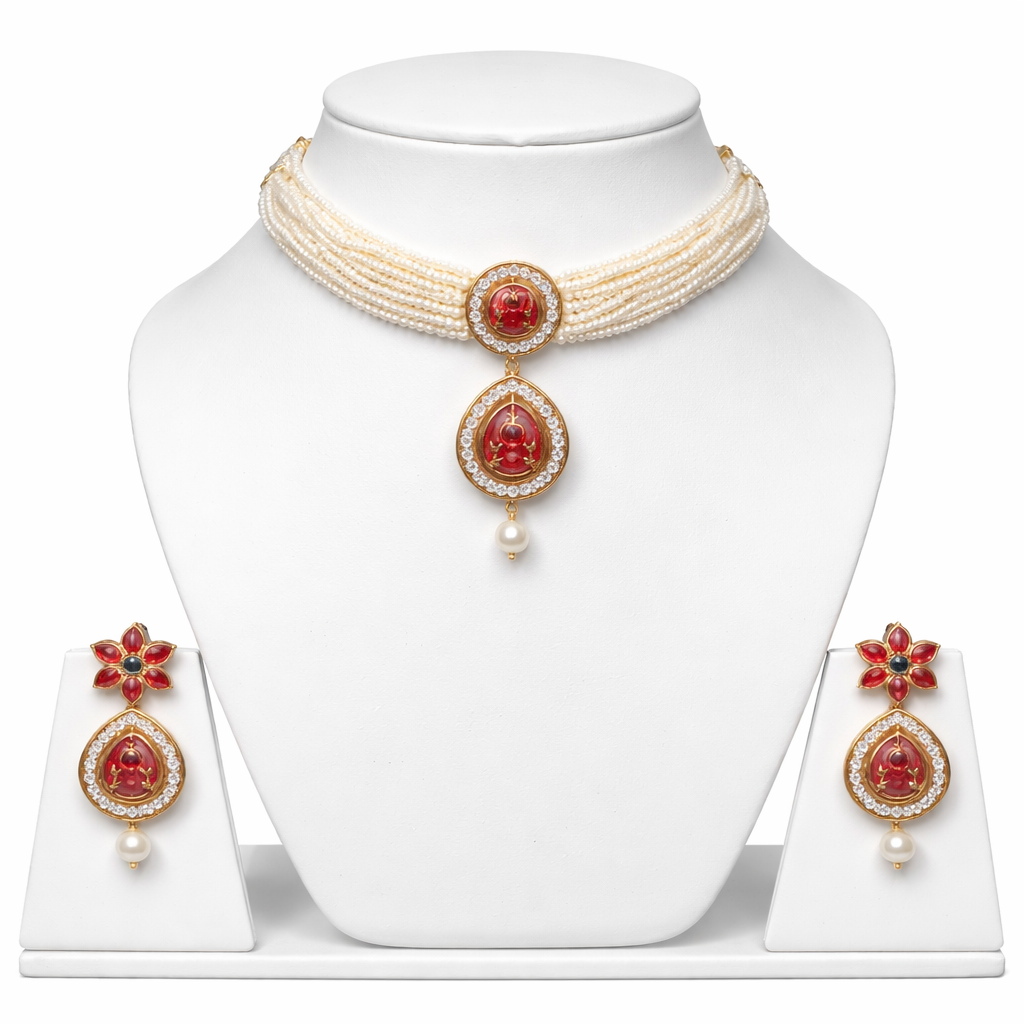 Multi-Strand Pearl Choker Necklace Set with Ruby Red Floral Pendant