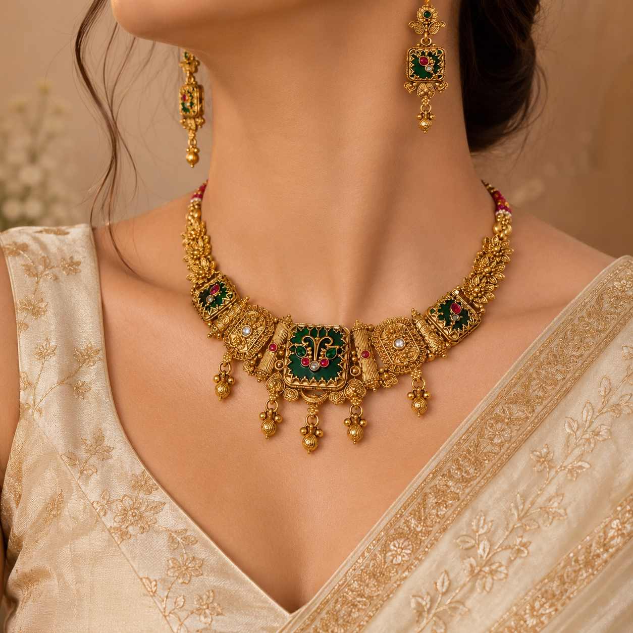 Gold Temple Jewelry Square Pendant Necklace Set with Drop Earrings