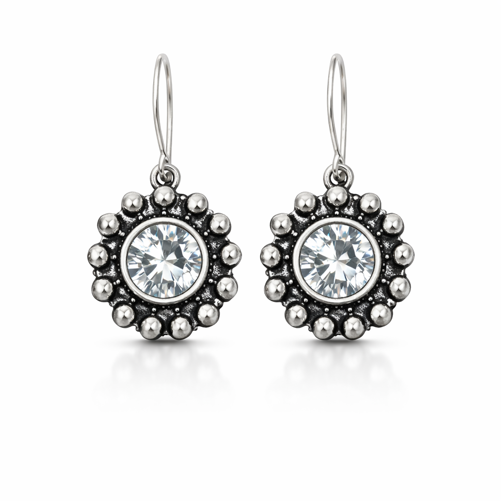 Oxidized Silver Round CZ Beaded Halo Drop Earrings