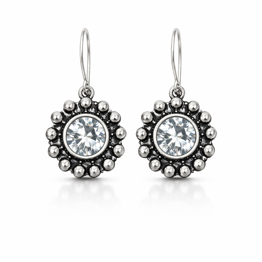 Oxidized Silver Round CZ Beaded Halo Drop Earrings