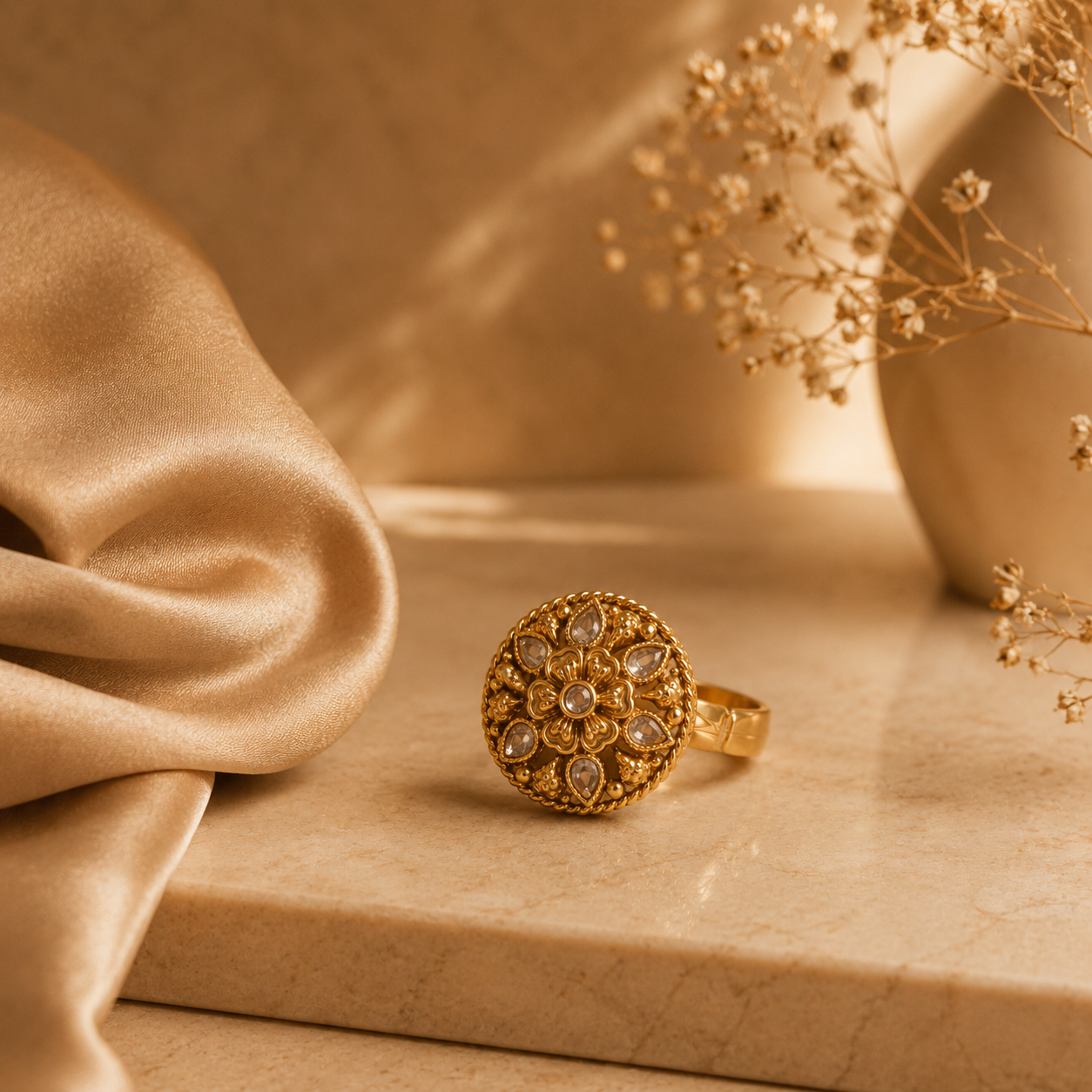 Gold Floral Filigree Teardrop Crystal Ring