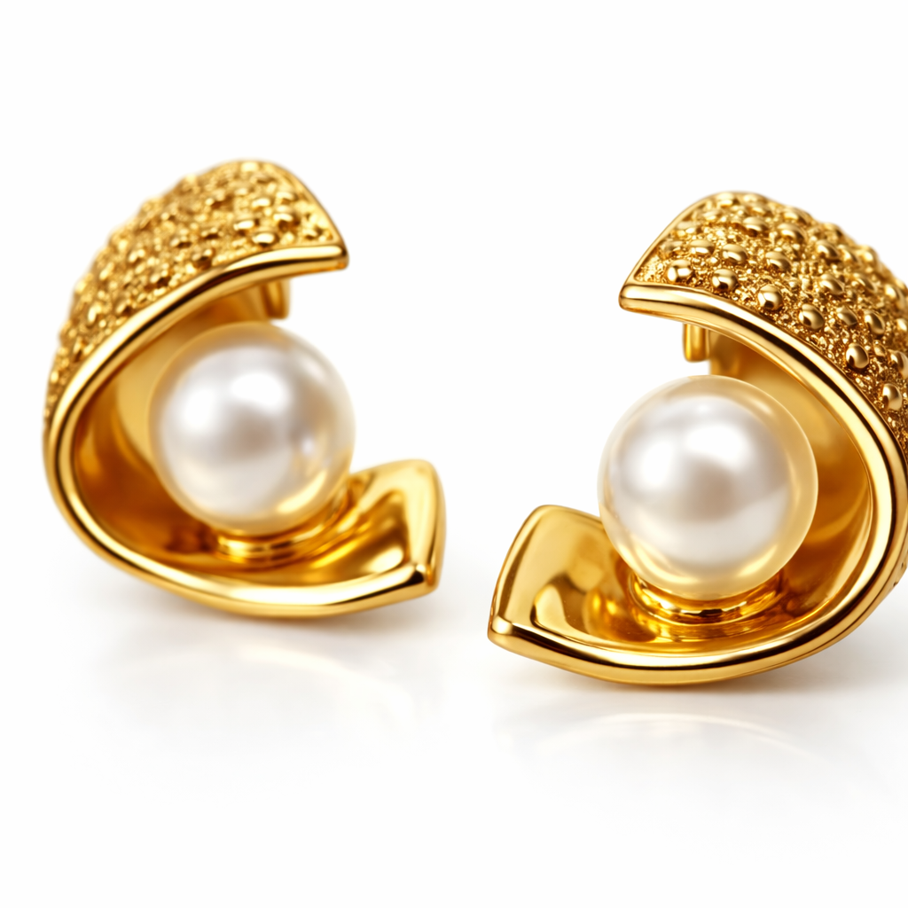 Gold-Plated Textured Swirl Pearl Stud Earrings