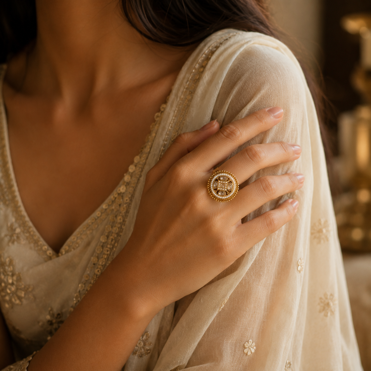 Gold Round Pearl Border Champagne Crystal Ring