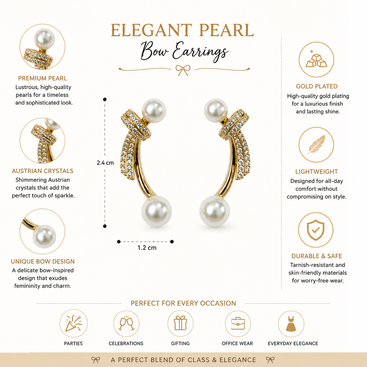Gold-Plated Criss-Cross Pearl & Crystal Drop Earrings