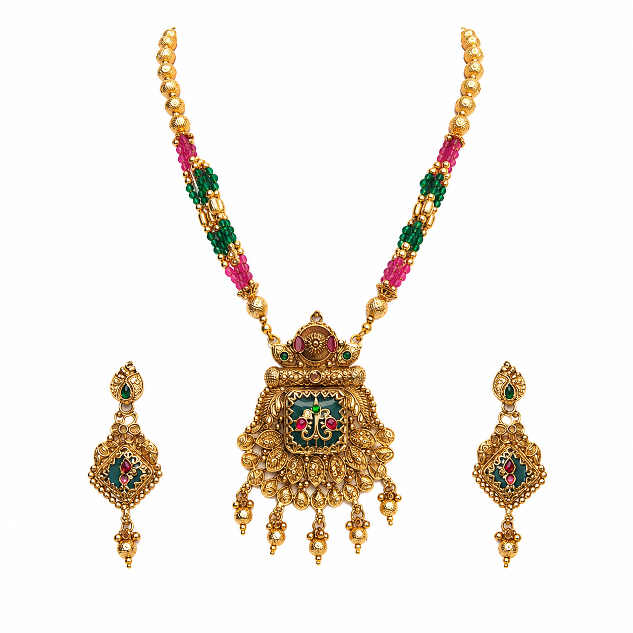 Gold Temple Jewelry Long Necklace Set with Diamond-Shaped Earrings