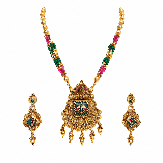 Gold Temple Jewelry Long Necklace Set with Diamond-Shaped Earrings