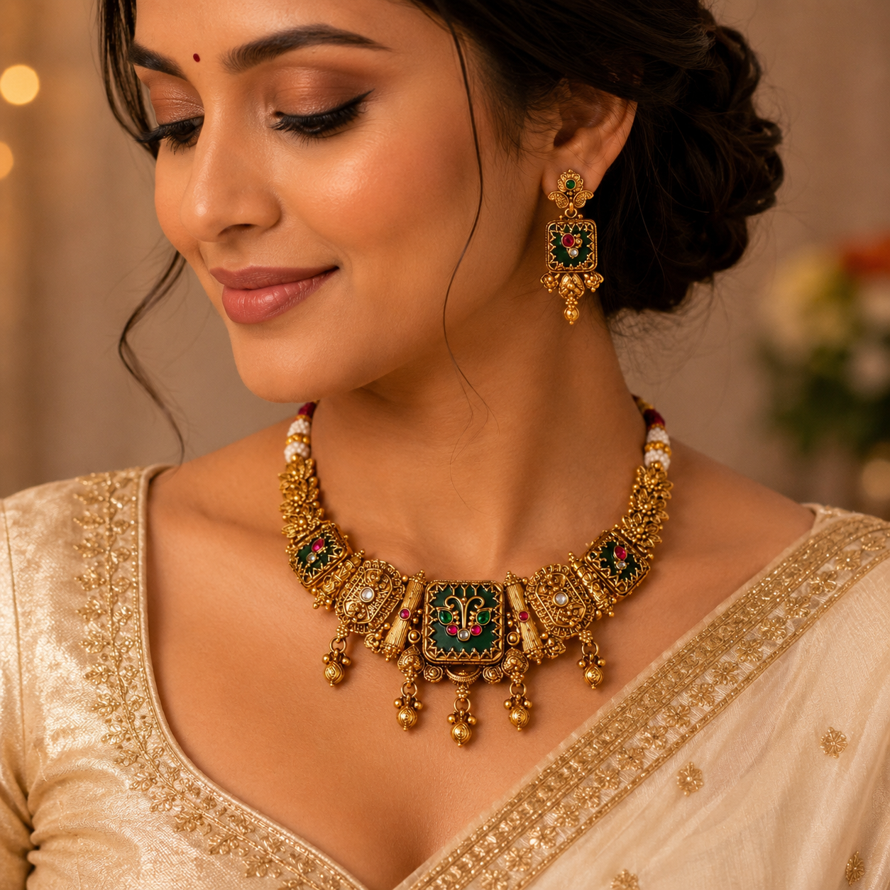 Gold Temple Jewelry Square Pendant Necklace Set with Drop Earrings