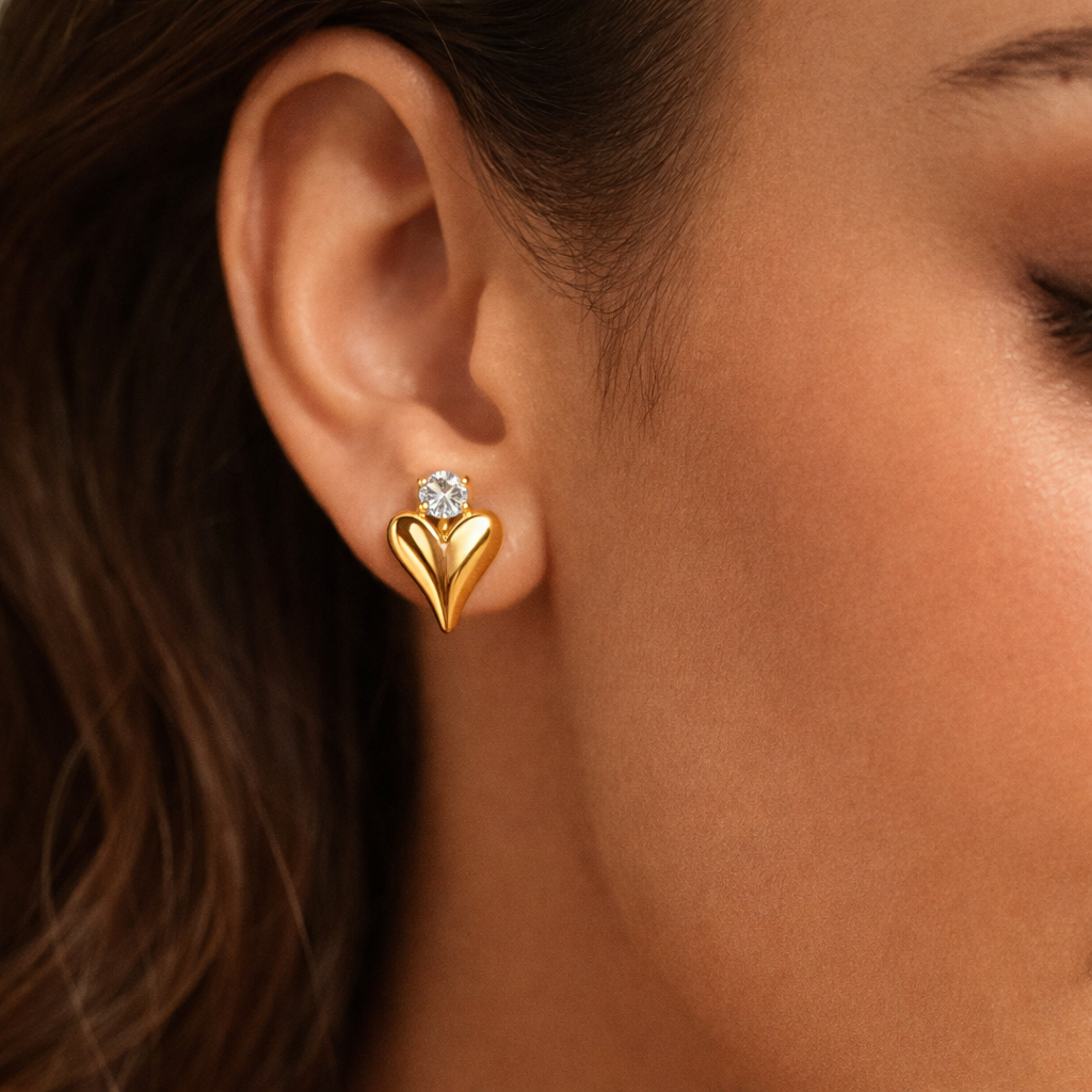 Gold-Plated CZ Heart Stud Earrings