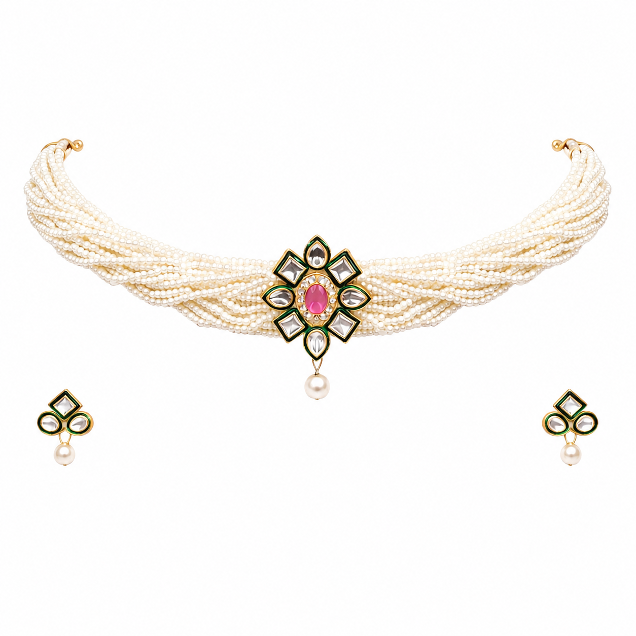 Multi-Strand Pearl Choker Necklace Set with Green Meenakari Flower Pendant