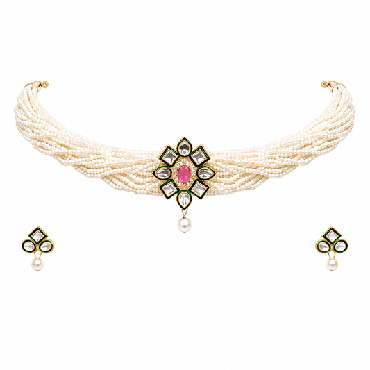 Multi-Strand Pearl Choker Necklace Set with Green Meenakari Flower Pendant