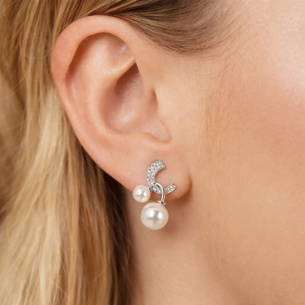 Silver-Tone CZ Crescent Moon Double Pearl Drop Earrings