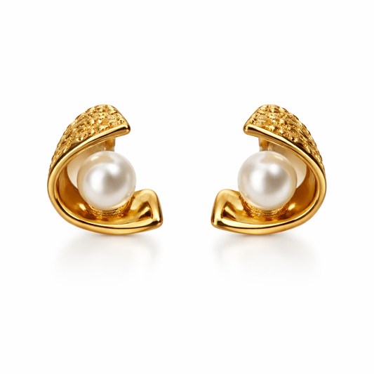 Gold-Plated Textured Swirl Pearl Stud Earrings