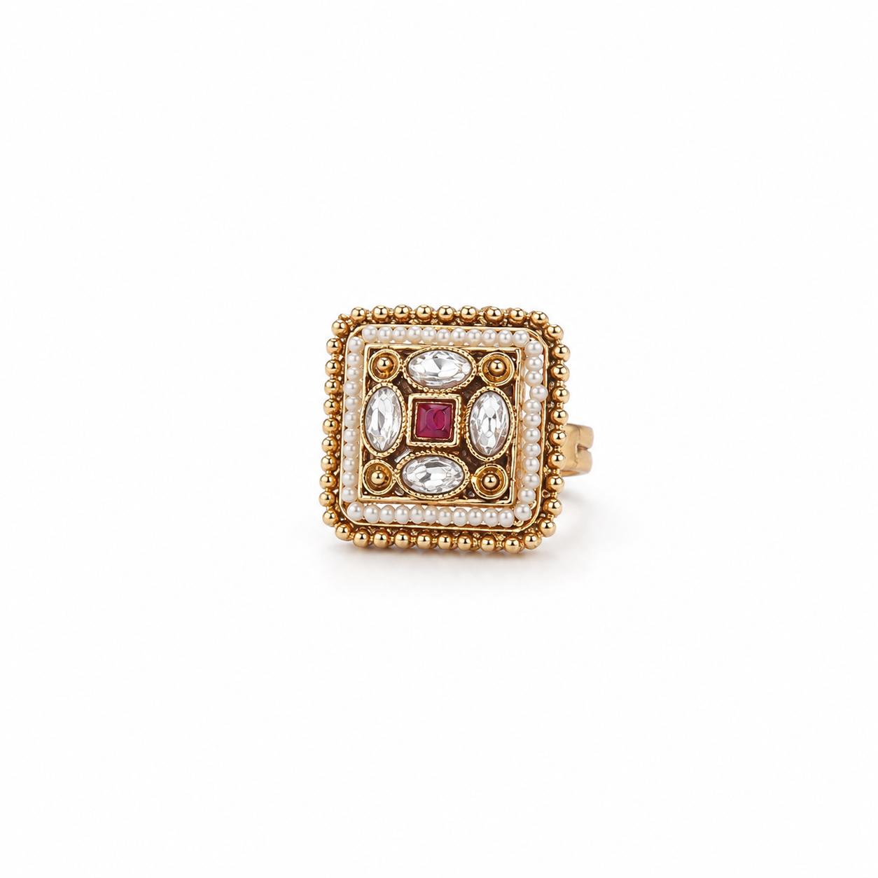 Gold Square Pearl Border Ruby & Crystal Ring