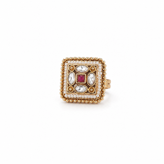 Gold Square Pearl Border Ruby & Crystal Ring