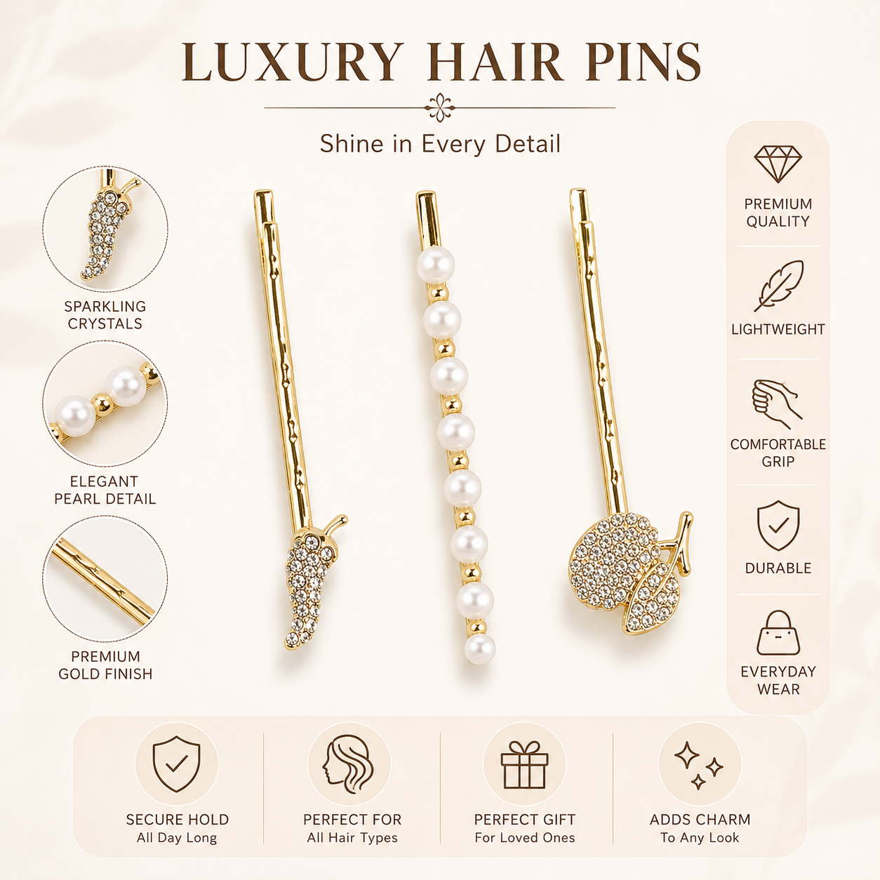 Gold Plated Crystal Pearl Hair Pins Set – Cute Fruit Design Bobby Pins for Women (Pack of 3)