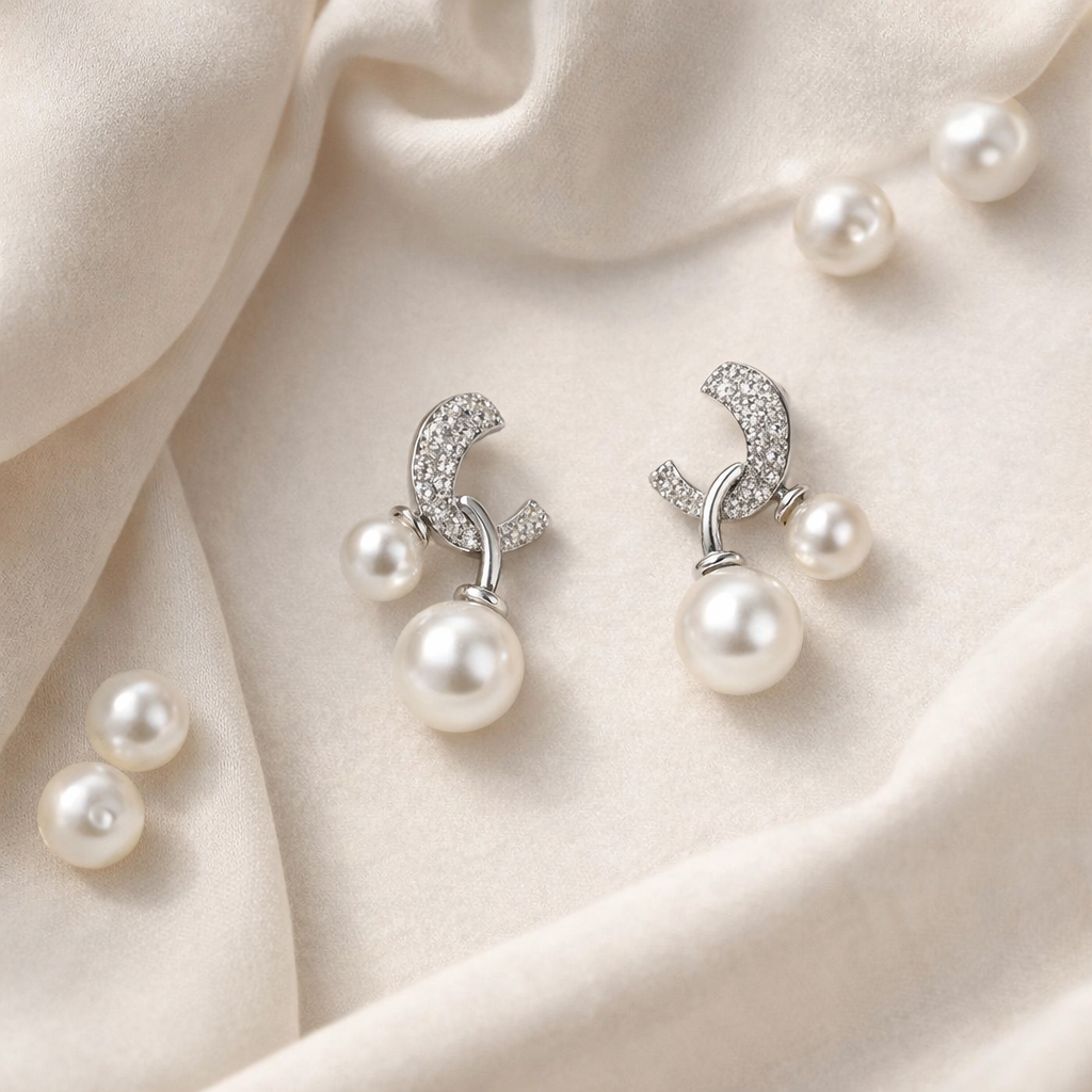 Silver-Tone CZ Crescent Moon Double Pearl Drop Earrings