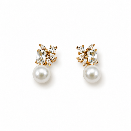 Gold-Plated Baguette Crystal Cluster Pearl Stud Earrings