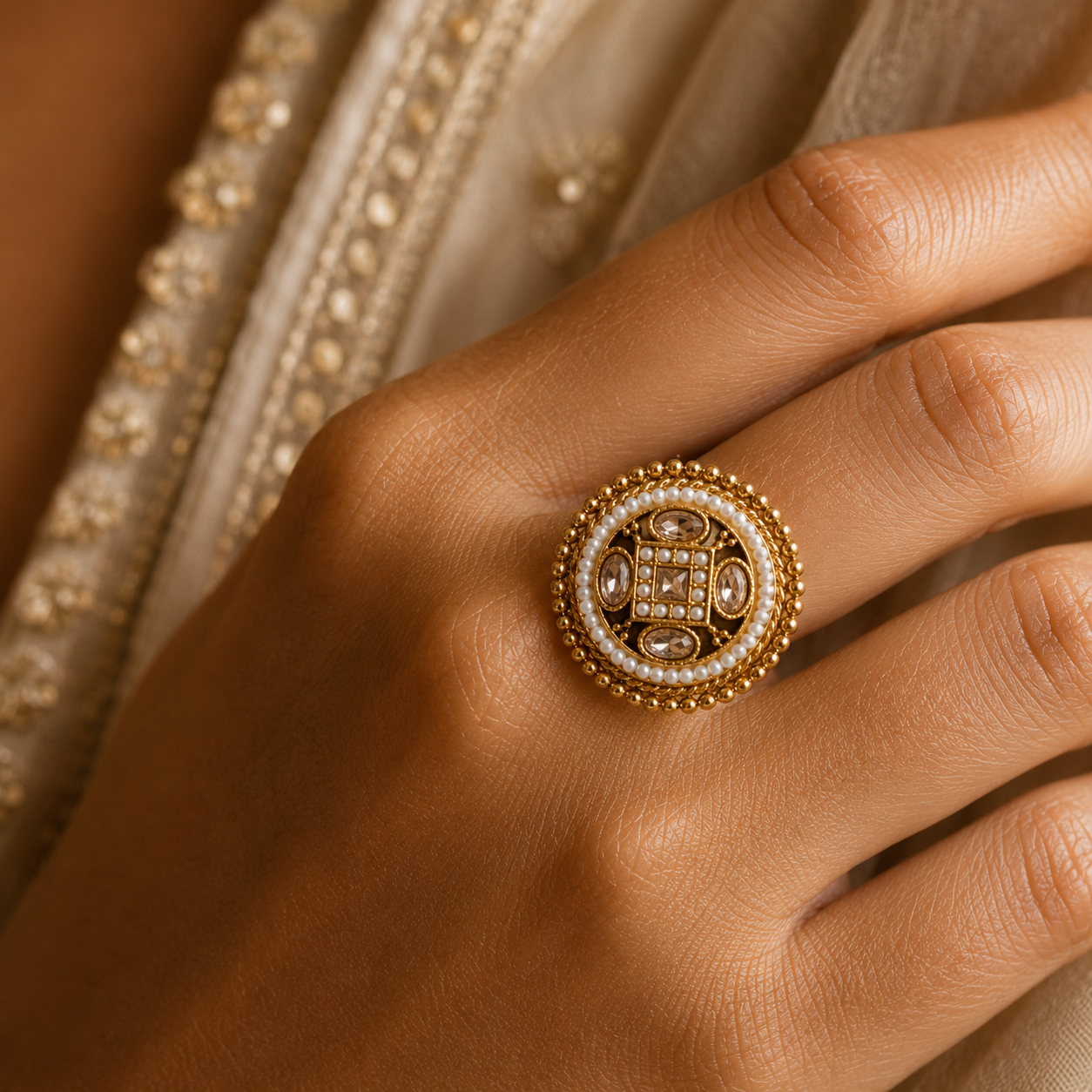 Gold Round Pearl Border Champagne Crystal Ring